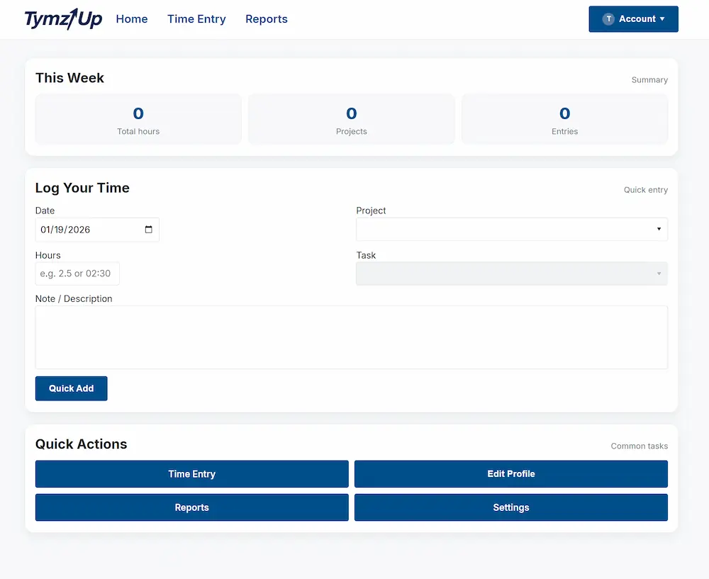 TymzUp dashboard showing time tracking summary and quick entry