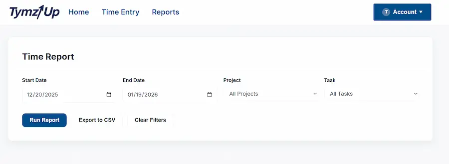 TymzUp reporting screen showing time report filters and export options